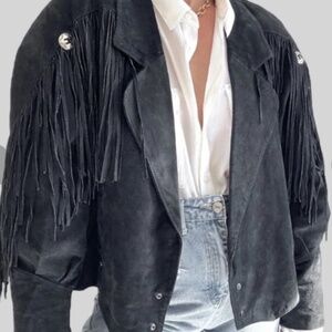 Vintage black leather fringe jacket